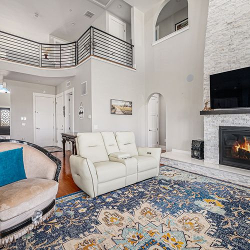 Grand stone fireplace in the great room