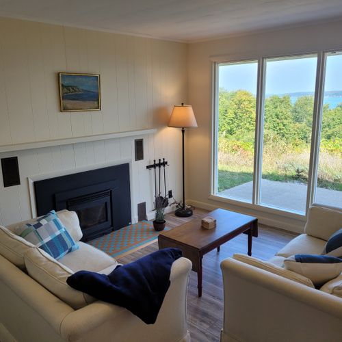 Living room:  the home has a comfy living room with a great view of crystal lake!