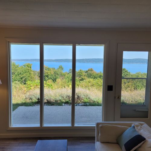 Living room:  the home has a comfy living room with a great view of crystal lake!