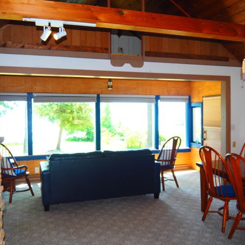 Living room:  large living room with a fireplace and a great view of platte lake