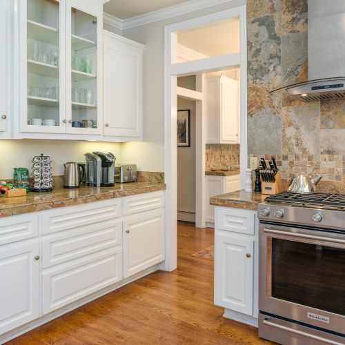 The coffee bar destination: Cuisinart Drip Coffeemaker, Keurig, French Press, Cuisinart coffee grinder, Peet's Organic Coffee, and selection of sweeteners, tea and hot cocoa. Plus, an electric kettle for those that blaze their own non-coffee trail.