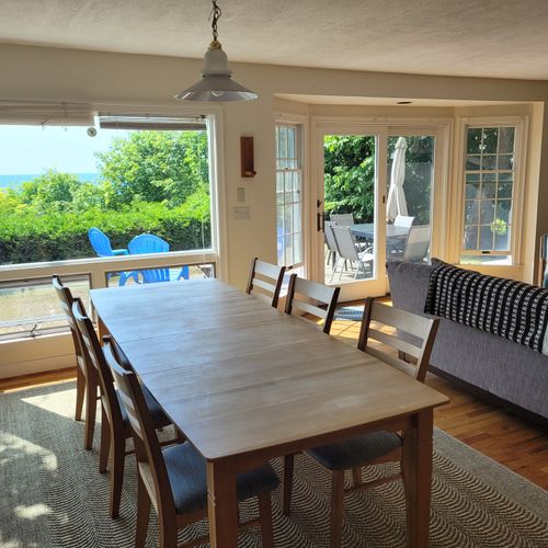 Overall:  the home has a large dining area with table and chairs for up to 8 adults. Includes great views of lake michigan as well!