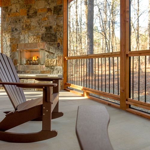 Rocking chairs and additional seating as well as the fireplace!