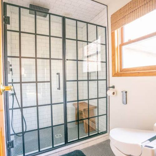 Primary bath featuring rainfall shower and Toto electric bidet/toilet.