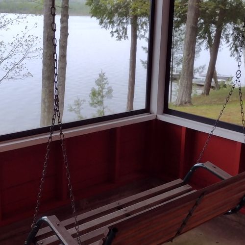 Front porch:  the cabin has a fun front porch that is screened-in, has a swing and picnic table, and has a great view of little platte lake.