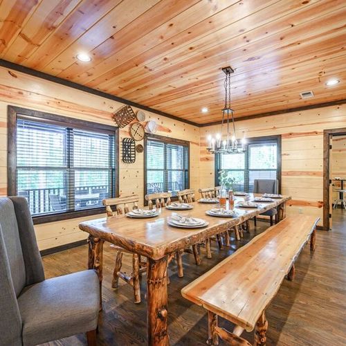 The formal dining table seats 12 comfortably.