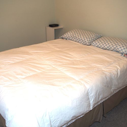 Bedroom #1 (main floor):  features a queen-size bed and a dresser.