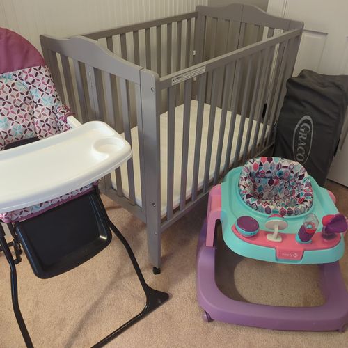 STUFF FOR KIDS:  The crib, pack and play, high chair, and walker