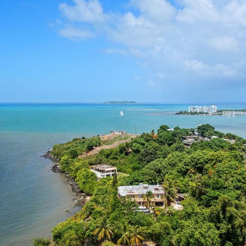 Witness breathtaking panoramic views! This stunning shot captures the expansive beauty of the sparkling blue ocean or bay, surrounded by lush green landscapes, promising an unforgettable backdrop to your stay.