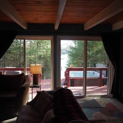Living room:  the chalet has a super comfy living room with a sofa, loveseat, futon, coffee table, wood fireplace, and large live-streaming tv with roku.
