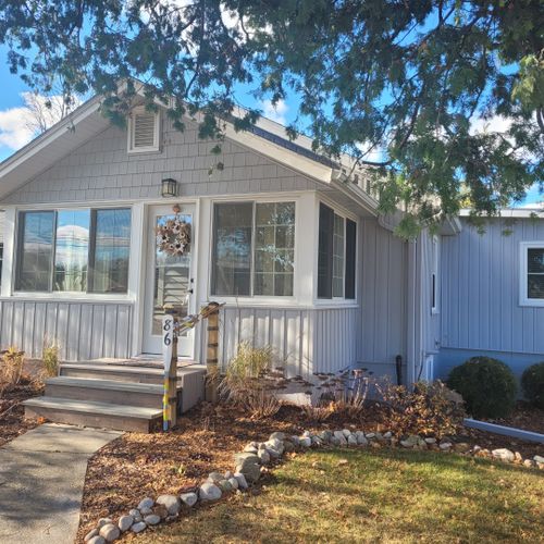 Overall:  the front of the cottage in the fall.