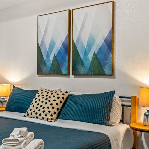 Vibrant colors and modern elegance combine in this stylish, comfortable bedroom retreat.