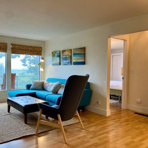 The living room, master bedroom and bath on the main level.