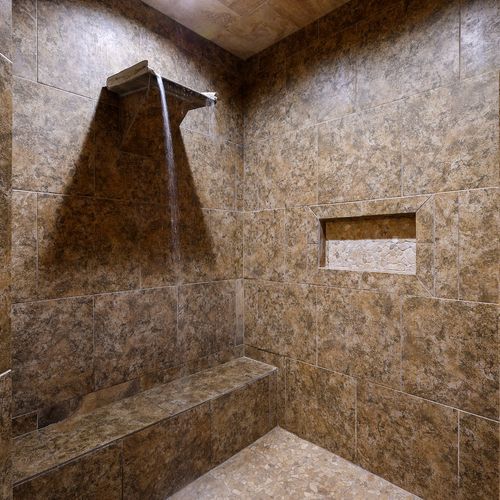 Huge walk in shower with waterfall head.