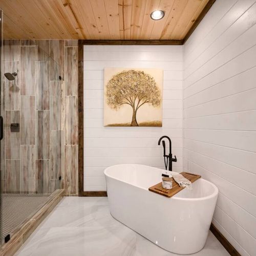 An oversized soaking tub and large walk-in shower.