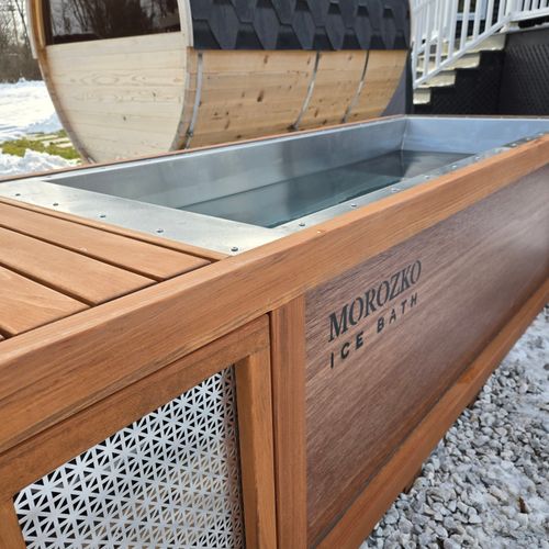 The cold plunge is a perfect addition to round out this wellness retreat, situated mere steps from the sauna and hot tub.