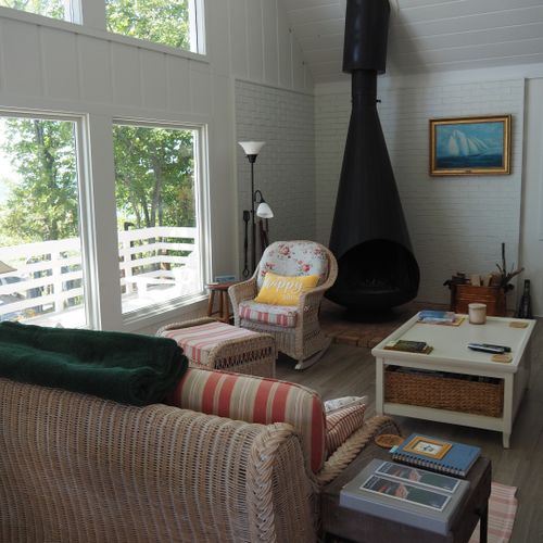 Living room:  comfy living room with great views and wood-burning fireplace.