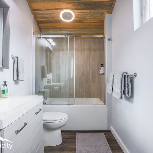 The bathroom has been beautifully remodeled.