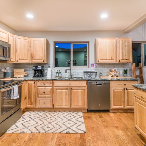 There is ample counter and storage available in the kitchen.