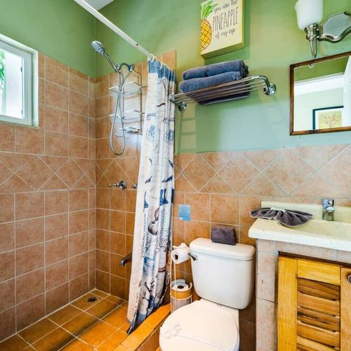 Bathroom with shower, sink and toilet