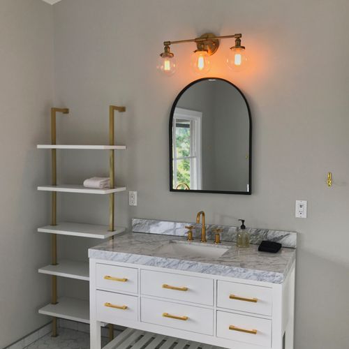 Master bedroom bathroom with Jack and Jill marble sink vanity.