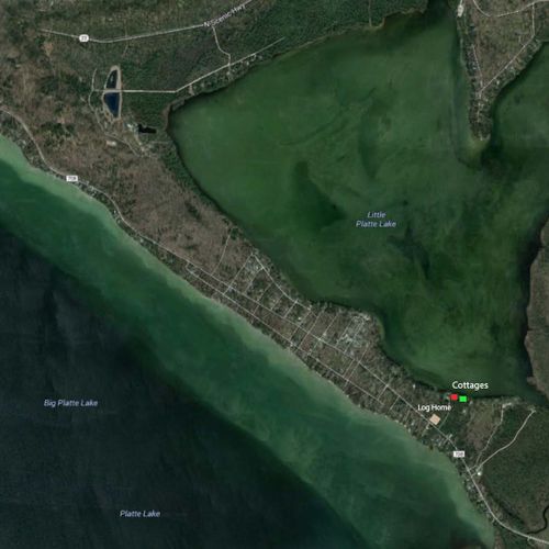 Exterior:  a lower-level map of big platte lake and little plate lake showing the property's location on little platte lake.