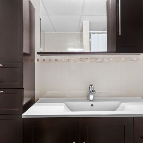 Bathroom vanity with white sink, modern faucet, dark wood cabinets, mirror, and tiled backsplash.