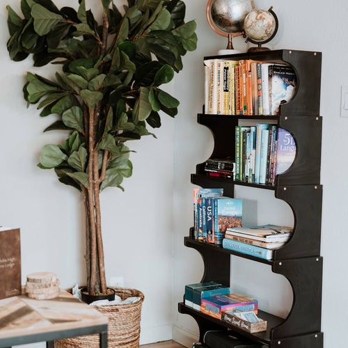 - explore a curated collection of travel guides, novels, and classic board games
- stylish curved bookshelf with vintage globes adds charm and inspiration
- nestled beside a vibrant indoor plant for a calming corner escape
