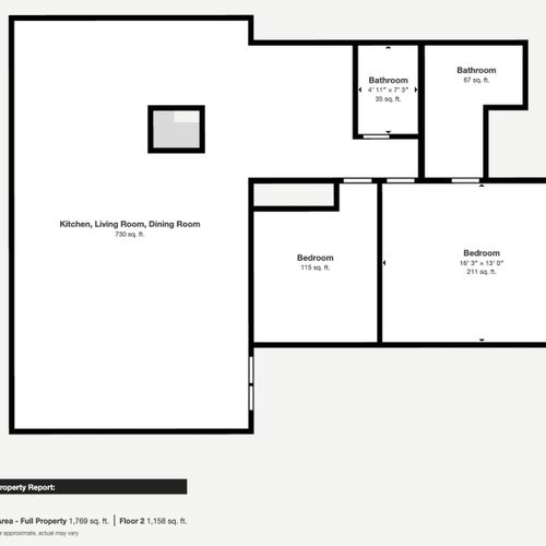 Second, and main level of the home.  The kitchen, dining room, living room, two bedrooms (King bed and Double Bed), and two full bathrooms are on this floor of the house.