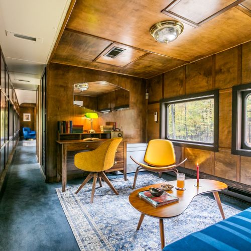 A view of the office facing the front of the car.