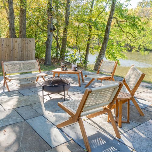 Patio furniture and fire pit.