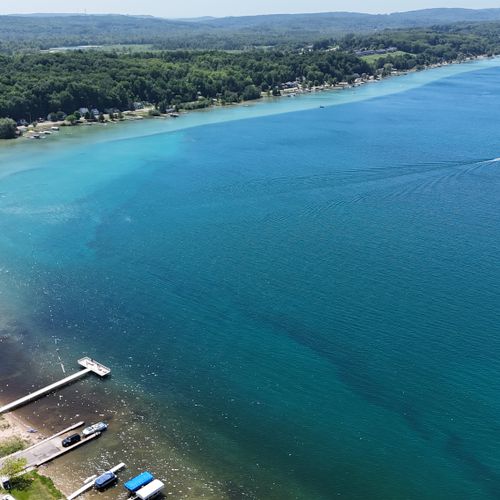 EXTERIOR:  Another aerial photo of nearby Crystal Lake, the public boat launch in Beulah, the public fishing pier, and Beulah Public Beach