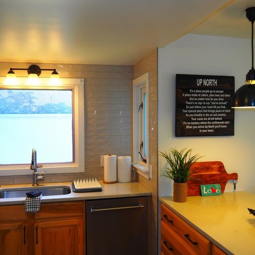 Kitchen:  the cottage has a newly-remodeled kitchen with all modern appliances, including a dishwasher and a little coffee bar. There is also a good supply of cooking and dining utensils provided.