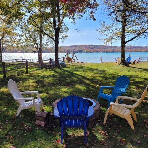 Overall:  looking out from the private fire pit out onto the private lakefront on little glen lake