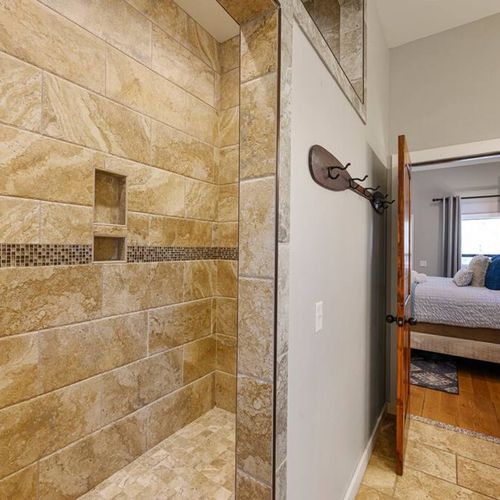 A walk-in shower.