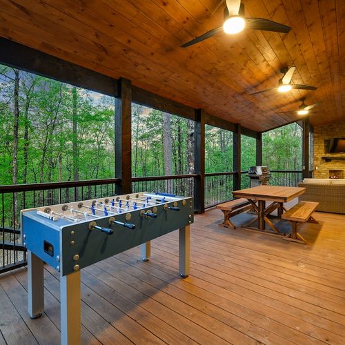 Foosball and dining table.