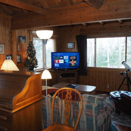 Living room:  the cabin has a very cozy and comfortable living room with a sofa, comfy chair, desk, book cabinet, gas fireplace, and a television with live streaming via roku.