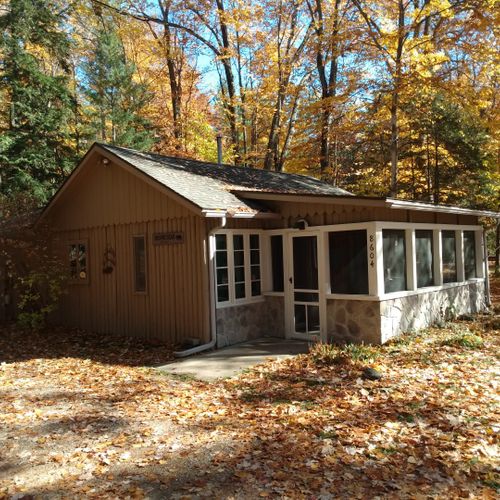 Exterior:  the front of the cabin in fall.