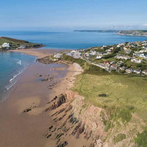 Elevated view of the beach and burgh island