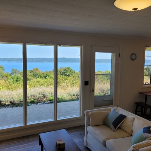 Living room:  the home has a comfy living room with a great view of crystal lake!