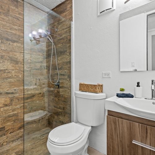 Rejuvenate after exploring in our clean, well-designed Airbnb bathroom.