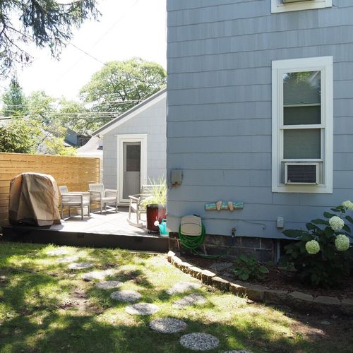 Exterior:  the garden area and backyard deck.