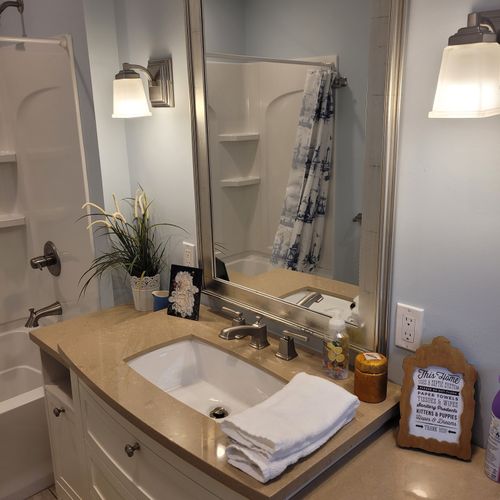 Bathroom #3 (larger house, main floor):  this is the private en suite full bathroom for bedroom #2.