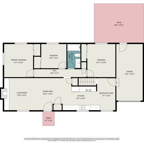 The open floor plan seamlessly connects the living area, dining area, bedrooms and kitchen.