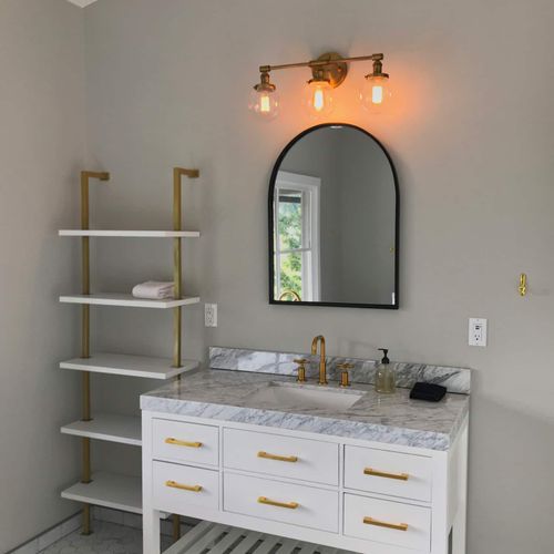 Master bedroom bathroom with Jack and Jill marble sink vanity.