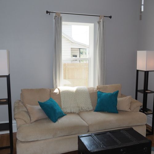 Living room:  the house has a beautifully remodeled and comfy living room that is great for relaxing! The large flat screen television includes streaming services with pureflix, netflix, disney+, and hbo max all included!