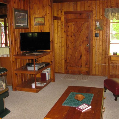 Living room:  the cabin has a very comfy and cozy living room with a sofa, comfy chair, gas fireplace, coffee table, and live streaming television with roku