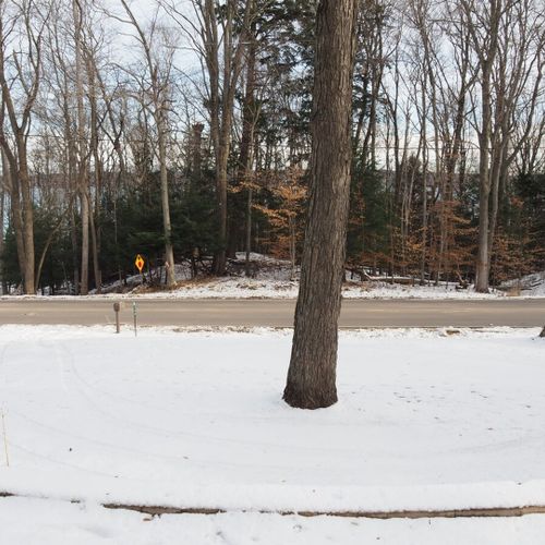 Exterior:  the semi-circular driveway (which does get plowed during the winter) and the seasonal view of crystal lake through the trees across the street.