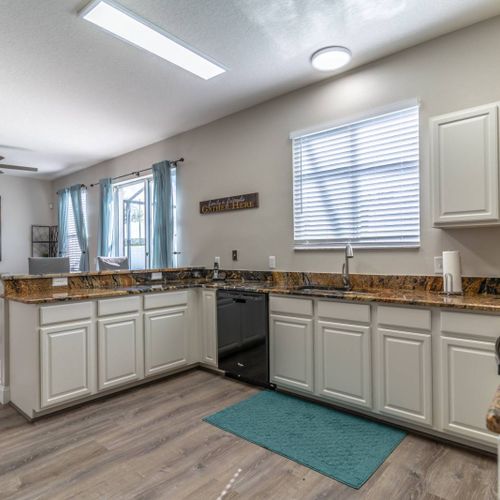 Large kitchen, stainless steel appliances