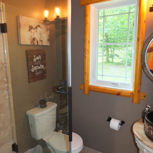 Bedroom #3:  another view, showing the toilet and glass shower.